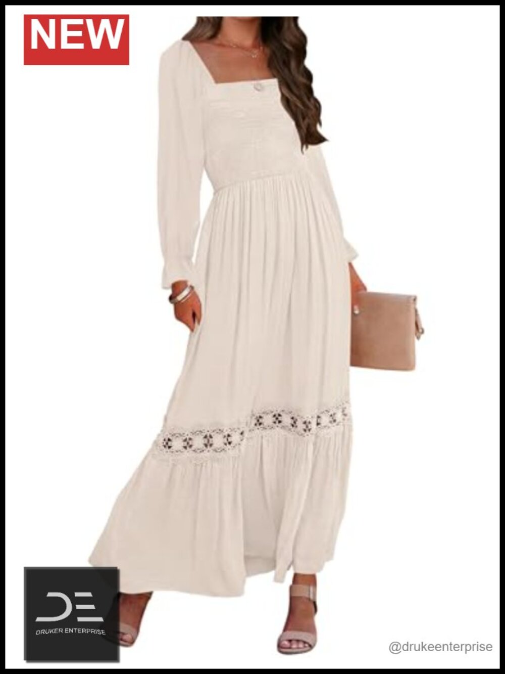 Women's Boho Long Sleeve Smocked Maxi Dress Square Neck Backless Lace Trim